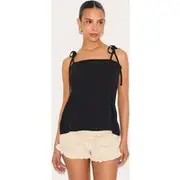 Petite Black Lightweight Linen Look Woven Tie Strap Cami Top, Black