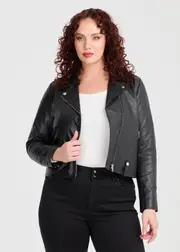 [Virtuelle] Taking Shape Leather Biker Zip Jacket Size 22 in Black, Leather - Plus Size Women's Coats & Jackets Black