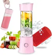 Portable Blender, Smoothie Blender with 16oz Travel Glass Cup and Lid 4000mAh Battery Strong Power Personal Size Blender USB Rechargeable Mini Juicer Cup Travel Blender for with Ice Tray (Pink)