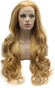 Lushy Wavy Long Honey Blonde Light Blonde Mix Wig Full Density Half Hand Tied Heat Friendly Synthetic Lace Front Wig