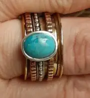 Southwestern Style Turquoise Mixed Metal Meditation Spinner Ring Size 7.5