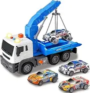 i diy Tow Truck Toy with Hook and 3pcs Pull-back Race Cars，Friction Power Transport Truck Crane Toy with Light&Sounds, Toy Trucks for boys age 4-7