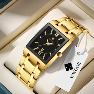 Wwoor 黃金手錶男士方形男士手錶頂級品牌豪華金色石英不銹鋼防水手錶-8858m
