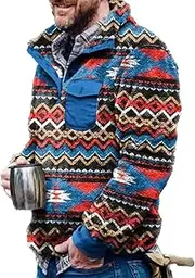 [Costaric] Mens Western Aztec Coats Fleece Cowboy Fuzzy Sherpa Warm Jacket Button Up Zipper Winter Heavy Pullover Outwear