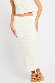 White Crochet Skirt High Rise Elastic Waistband Midi - Size 16XL, Women's Knit Skirt