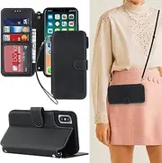 Cavor for iPhone Xs Max Case Crossbody Wallet Flip Folio Magnetic Kickstand Cover Cowhide Pattern PU Leather Purse Card Slots Holder with Detachable Shoulder Necklace Strap-Long Lanyard Black