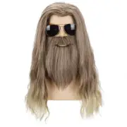 Morvally Long Curly Dirty Grey Brown Wig Mustache Beard adult man cosplay hero