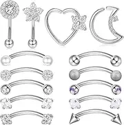 [Kakonia] Rook Daith Piercing Jewelry 16G Surgical Steel 8mm Curved Barbell Eyebrow Rings Helix Tragus Snug Lip Belly Button Piercing Heart Moon Daith Rook Earrings for Women Men