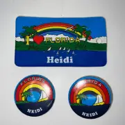 Vintage 1980’s Florida Rainbow Heidi Luggage Tag, Pin, and Magnet