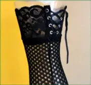 BLACK RIBBON Lace Up Top Stockings Corset Fishnet Stockings Thigh High Socks S M