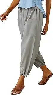 Women's High Waist Pants Drawstring Capri Pants with Pockets Wide Leg Cropped Pants for Women