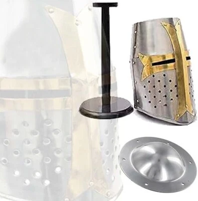 Medieval Silver Templar Crusader Helmet + Shield Boss + Wooden Helmet Stand
