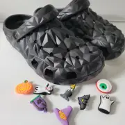 Black Clogs, Slip On Round Toe Solid Color Non-slip Slide Opt: Halloween Charms