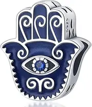 [Generic] M&S Hamsa Hand Charm Evil Eye Protection Enamel Blue Charm Bead Pendant, 925 Sterling Silver Dangle Charm, Compatible With Pandora & European Bracelet �, Metal