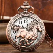 Bronze Pocket Watch Chain Hollow Animal Horse Cover Quartz Movement FOB Chain