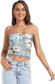 [RPLIFE] Winter Flowers Branches Light Blue Cropped Tube Top Womens Strapless Top, Sheer Tube Tops, Trendy Crop Tops (S)