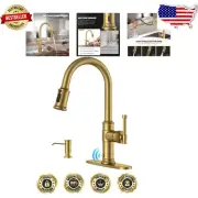 High Arc Touchless Gold Kitchen Faucet with 3-Function Sprayer & Soap Dispenser