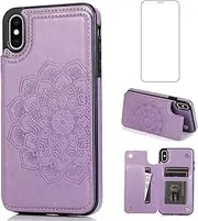 Asuwish Phone Case for iPhone Xs Max with Screen Protector and Wallet Cover Leather Flip Credit Card Holder Stand Cell Accessories i X XR Xsmax 10x SX Xmax 10xs 10s 10 Plus Xmaxs Women Men Purple