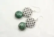Moss Agate Green & White 12mm Ball Gemstone Earrings .925 Sterling Silver 1 1/2"