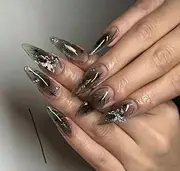 MouyouGlow Press on Nails Medium Length, Almond Sheer Black 3D Butterfly Star Print Y2K Fake Nails with Nail Glue, Gothic Artificial Fingernails