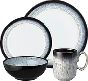 Denby - Halo Dinner Set for 4-16 Piece Tableware - Dishwasher Microwave Safe Stoneware Crockery - Reactive Glaze Black, Grey Colour - Set of 4 Dinner Plates, Small Plates, Cereal Bowls, Coffee Mugs