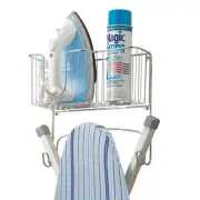 mDesign Metal Steel Wall Mount Ironing Board Organizer with Large Storage Basket