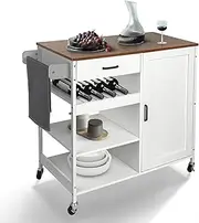ACA Trading 94CM Rolling Kitchen Island Cart with Towel Rack, Serving Trolley Cart with Storage, Thrree Open Shelves & Two Enclosed Shelves, Mobile Serving Trolley Cabinet (White & Brown)