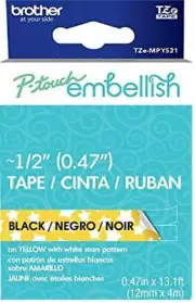 P-Touch Embellish Black Print on Yellow w/ WHite Stars Patter Tape