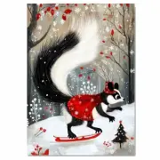 Christmas Skunk Feathered Hat Red Cape Art Flat Rolled, Framed Or Wrapped Canvas