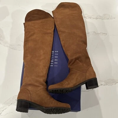 Stuart Weitzman Dunkirk Nubuck At the Knee Boots Luggage Rice 6.5