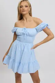 Blue Check Fit And Flare Dress Puff Sleeve Mini - Size 16XL, Women's Skater Dress