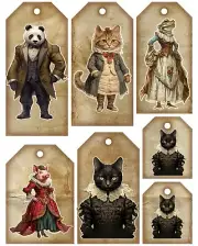 Seven Animals in Clothes HANG TAGS Ephemera Vintage Style for Junk Journal etc