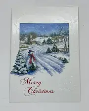 Vintage Holiday Snowman Snow road Embossed Tree Christmas Greeting Card 5x7” P1