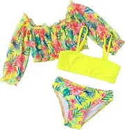 [WDIRARA] Toddler Girl's 3 Pieces Tropical Print Bikini Swimsuit Bathing Suits with Frill Cover Up Tops