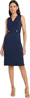 [Maggy London] Womens Classic V-Neck Knee Length Sheath Gold Button Detail-Professional Workwear-Business Casual Dress