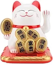 Lucky Fortune Cat, Solar Powered Adorable Maneki Neko with Waving Arm, Chinese Feng Shui Deoration Lucky Cat for Shops, Restaurants, Living Room-Business is Booming(White)