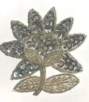 2 pcs Silver Sunflower Floral Beaded Sequined Sew-On Applique Craft Patch VTG