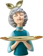 Perfk Girls Figurine Holding Storage Tray, Girl Statue Sundries Container for Desktop Entrance Ornament, Blue