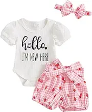 [wybzd] Hello Im New Here Newborn Outfit Girl Infant Premise Going Home Outfits Ribbed Romper Shorts Set Baby Summer Clothes