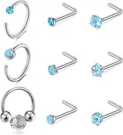 [Funseedrr] 9Pcs 20G Nose Rings Stainless Steel L-Shaped Opal Nose Stud Screw with Cubic Zirconia Silver Nose Piercing Jewellery