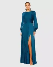 Mac Duggal Berry / Apple Green /Peacock Pleated Long Sleeve Gown Siz 16 $458