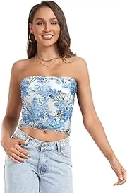 [RPLIFE] Watercolor Blue Flowers Crop Top Strapless Tops Women, Sheer Tube Tops, Sexy Tube Tops (S)