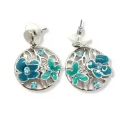 Butterfly Floral Round Enamel Earrings Aqua Blue Colour Stud Pierced