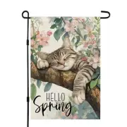 Spring Garden Flag Cat on Floral Tree Double Sided 12x18 Inches Small Burlap