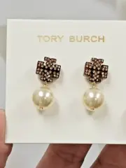 - Brand New - TORY BURCH Logo Pearl Drop Earring, Tory God/Pearl, MSRP $148