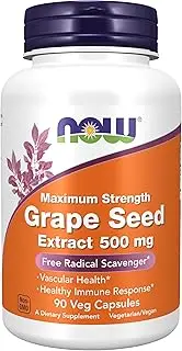NOW Supplements, Grape Seed Extract, Maximum Strength 500 mg (a Highly Concentrated Extract with a Minimum of 90% Polyphenols), 90 Veg Capsules, Red/Brown, 0.25 pounds