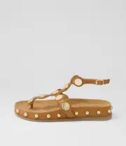New Django & Juliette Qellon Dark Tan Gold Leather Sandals Womens Shoes Casual