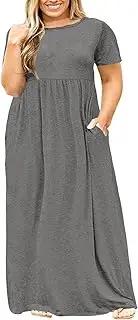 [Nemidor] Women Short Sleeve Loose Plain Casual Plus Size Long Maxi Dress with Pockets (26, Grey)