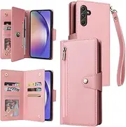 [YocoverTech] for Samsung A55 5G Case,for Galaxy A55 5G Wallet Case[6 Card Slots and 1 Zipper Coin Pocket] PU Leather Stand Flip Cover with Wrist Strap[6.6"]-Pink
