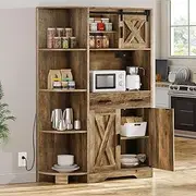 YITAHOME 67" Farmhouse Kitchen Pantry Storage Cabinet w/Sliding Barn Door ＆ Power Outlet, Freestanding Hutch with Shelves & Drawers, Microwave Stand, Large Kitchen Cupboard for Dining Room, Oak